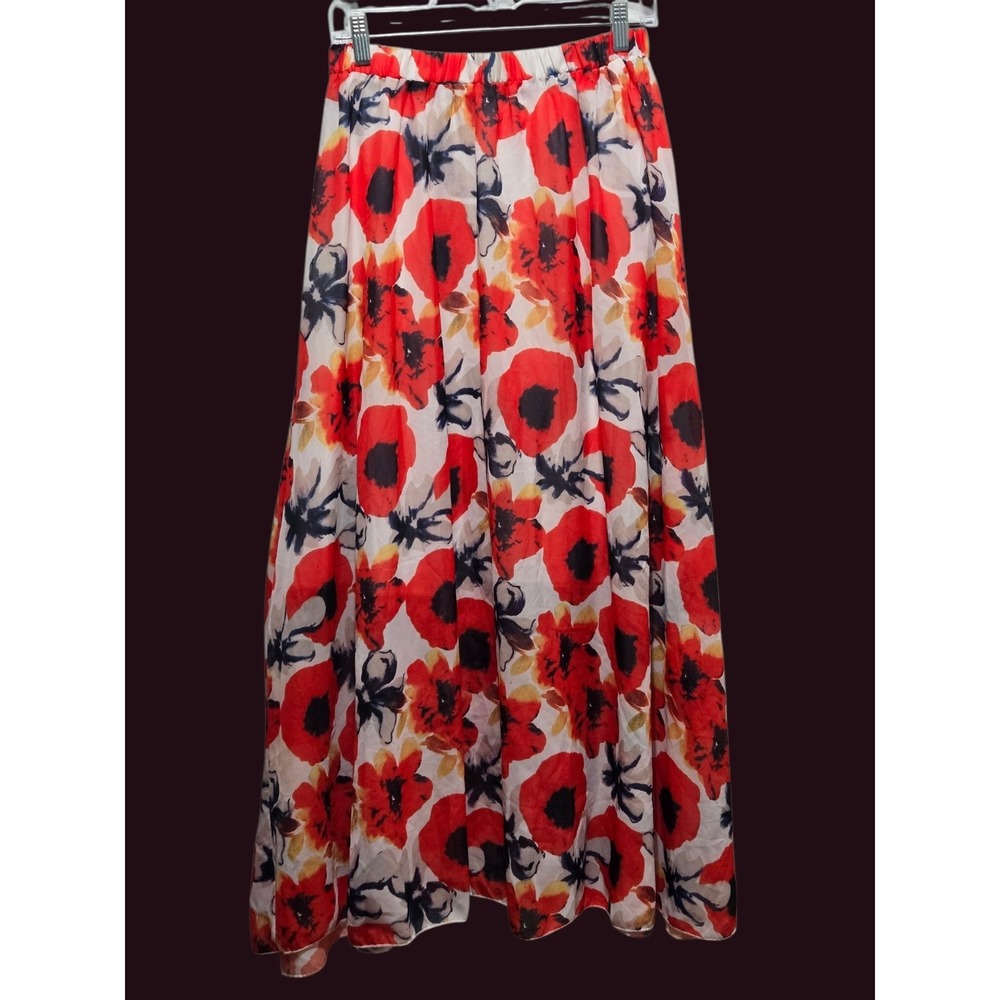 Unbranded Red Poppy Floral Maxi Skirt Womens Elastic Waist Flowy Chiffon Lined